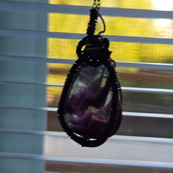 Natural Rainbow Fluorite Wire Wrapped Pendant Necklace, Purple Teal Gemstone - Picture 3 of 7